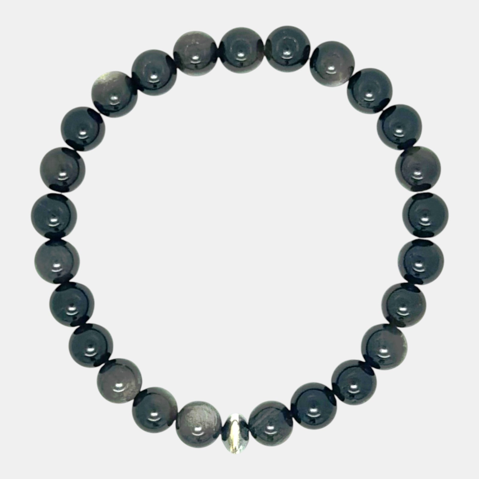 Silver Obsidian men’s slip-on bracelet with 8.5mm natural gemstone beads and sterling silver accent