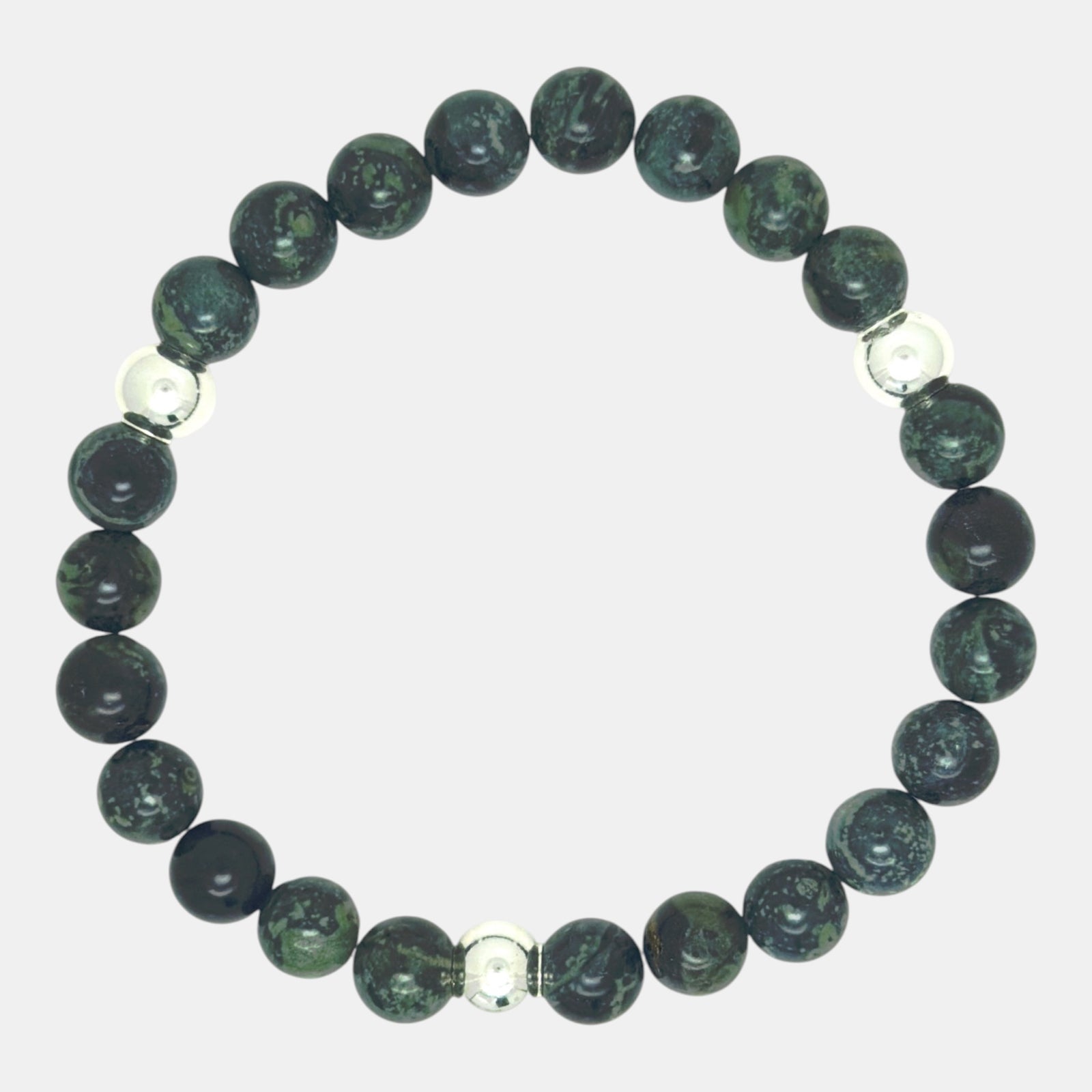 Slip-on Kambaba Jasper bracelet with 8.5mm green and black gemstone beads and sterling silver accents