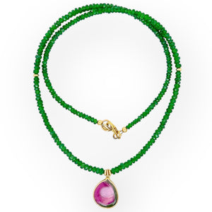 Natural tsavorite garnet necklace with watermelon tourmaline slice pendant in solid 14K yellow gold
