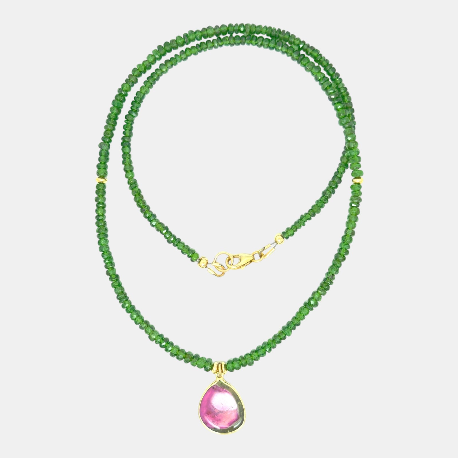 Tsavorite garnet necklace with watermelon tourmaline pendant set in solid 14K yellow gold
